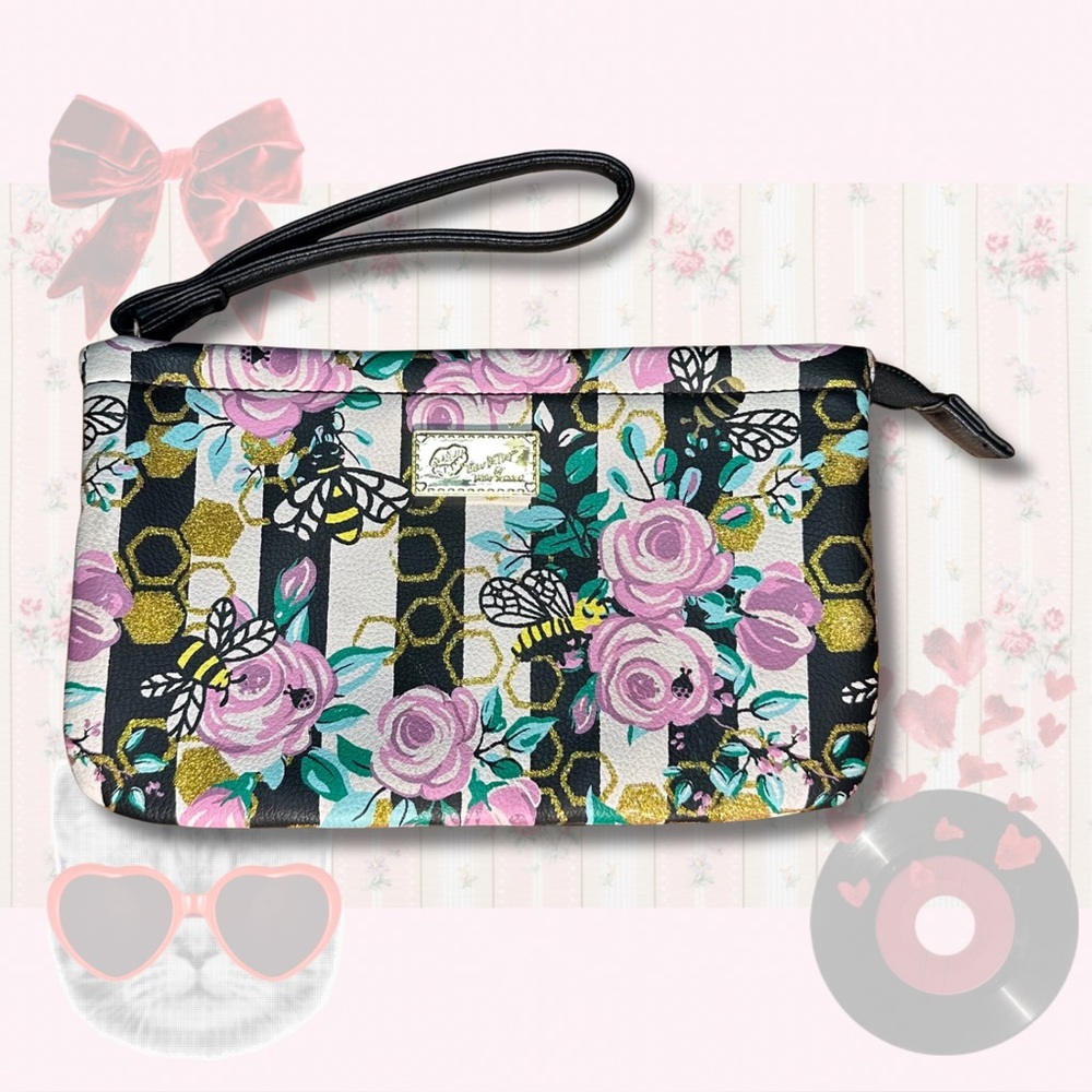 Betsey Johnson Luv Betsey double pouch wristlet with floral and bumblebee design